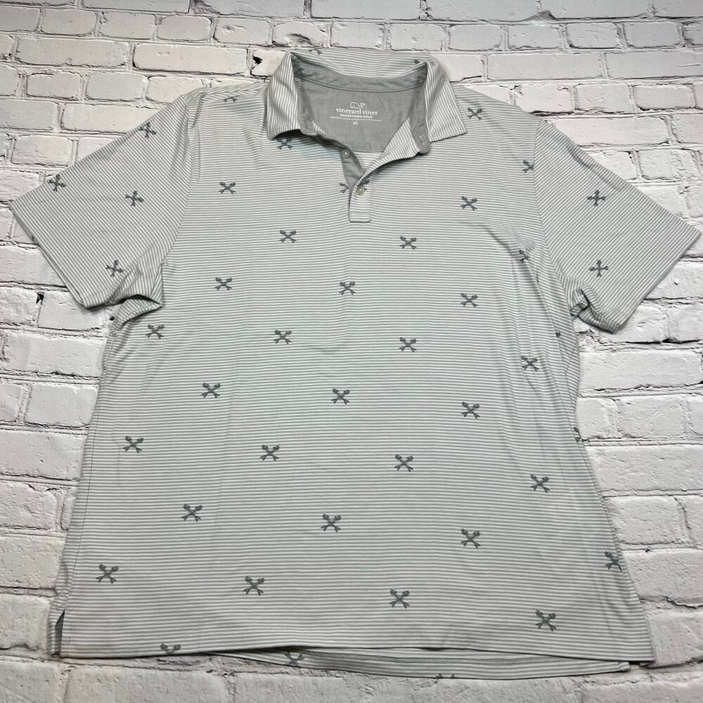 Vineyard Vines Edgartown Polo Gray stripe w fish print Pima Cotton size XL A601